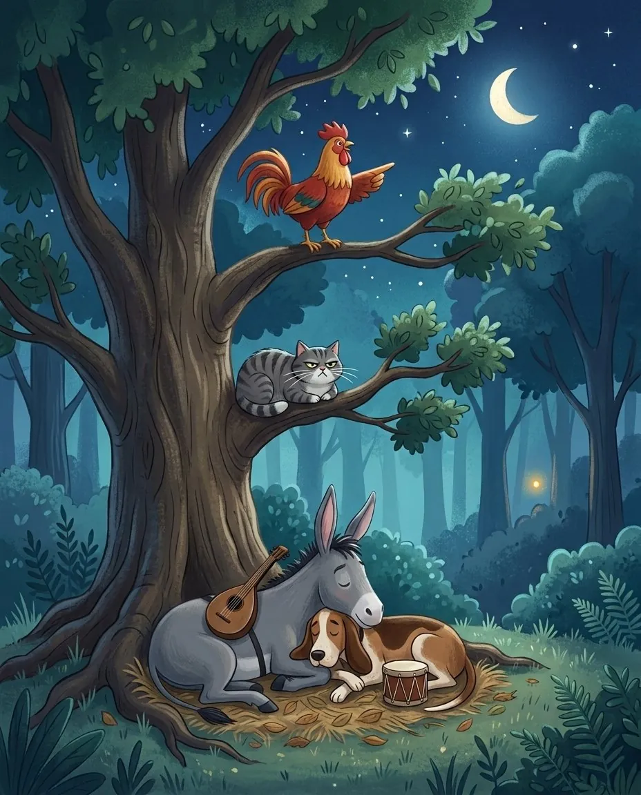 Di notte nel bosco il gallo, in cima all'albero, scorge una piccola luce, mentre l'asino e il cane sono sdraiati ai piedi dell'albero