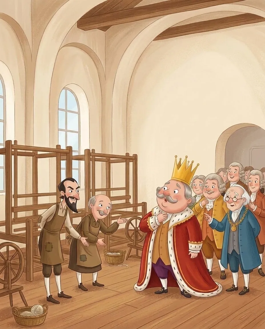 L'imperatore e i suoi cortigiani annuiscono soddisfatti davanti ai telai vuoti, anche se nessuno vede niente