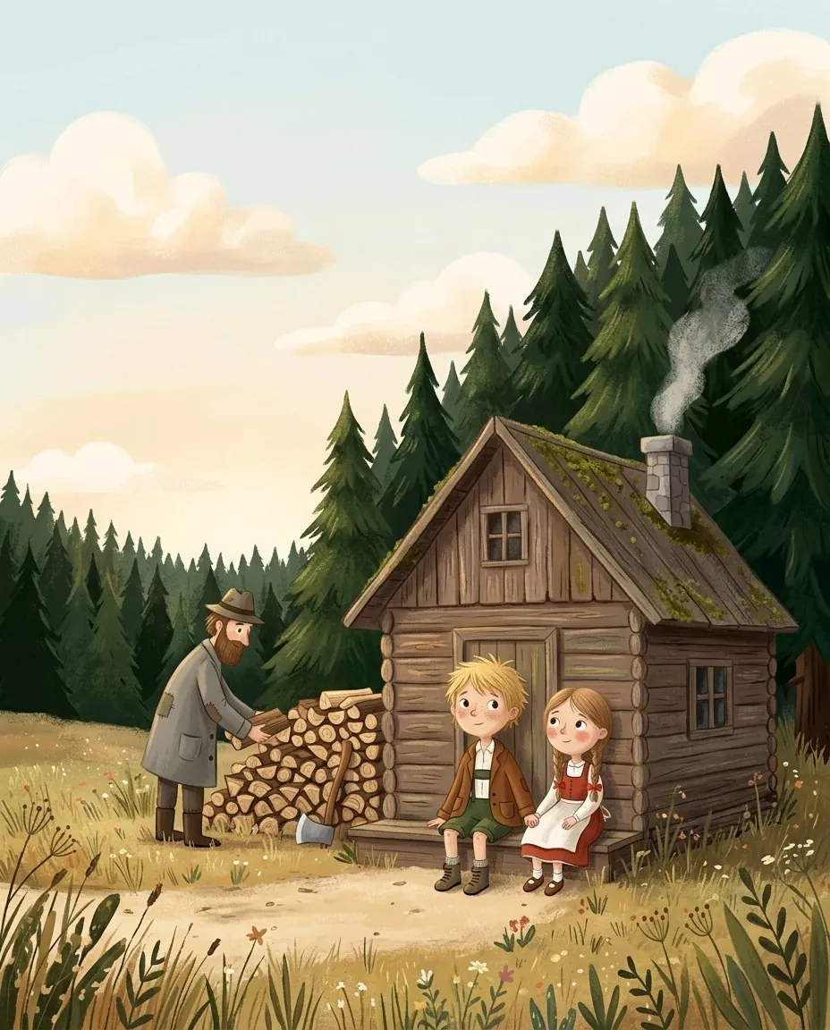 Una piccola casa di legno del taglialegna ai margini di un grande bosco, con Hänsel e Gretel davanti