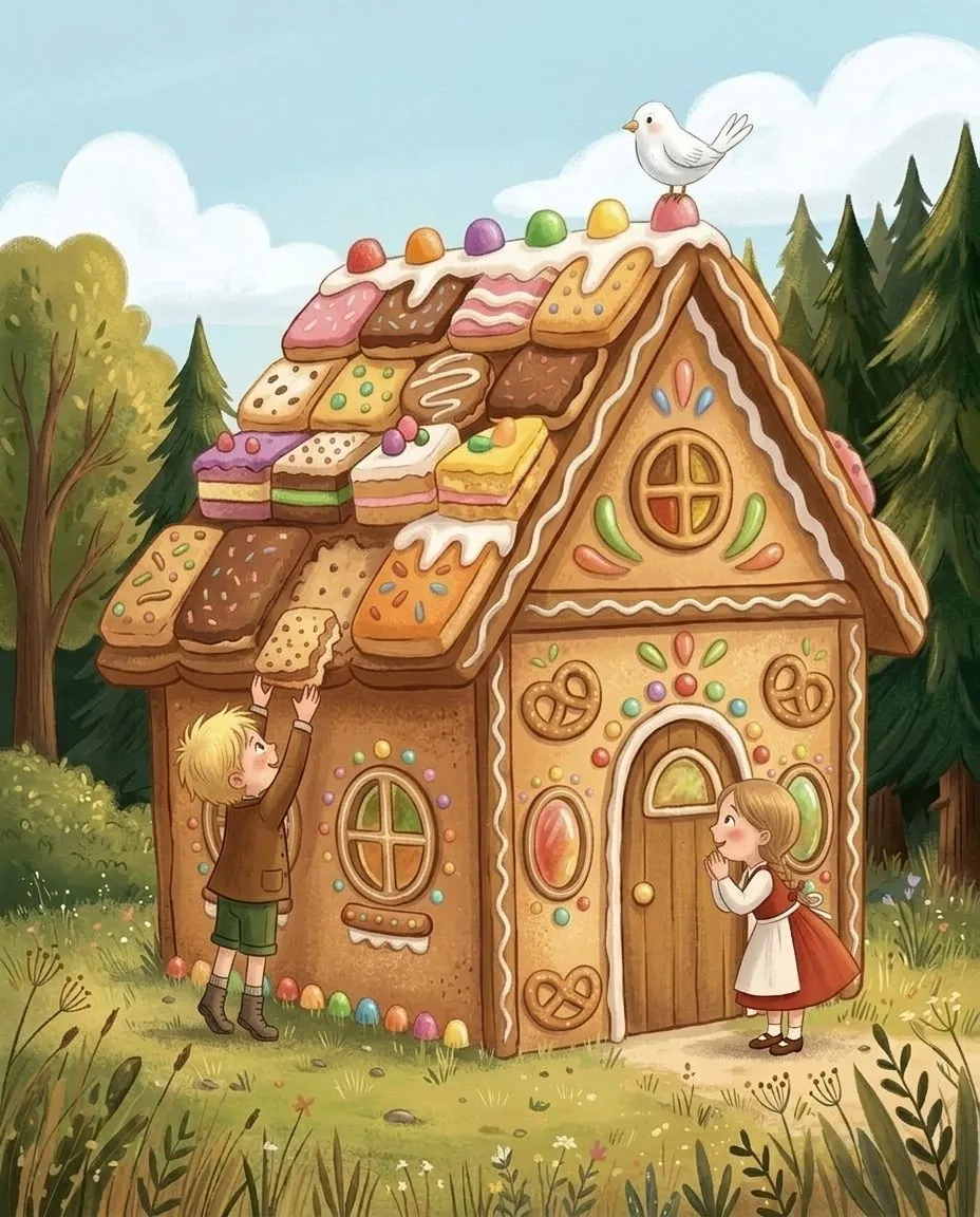 Hänsel e Gretel sgranocchiano il tetto e le finestre della dolce casetta di pane e di torta