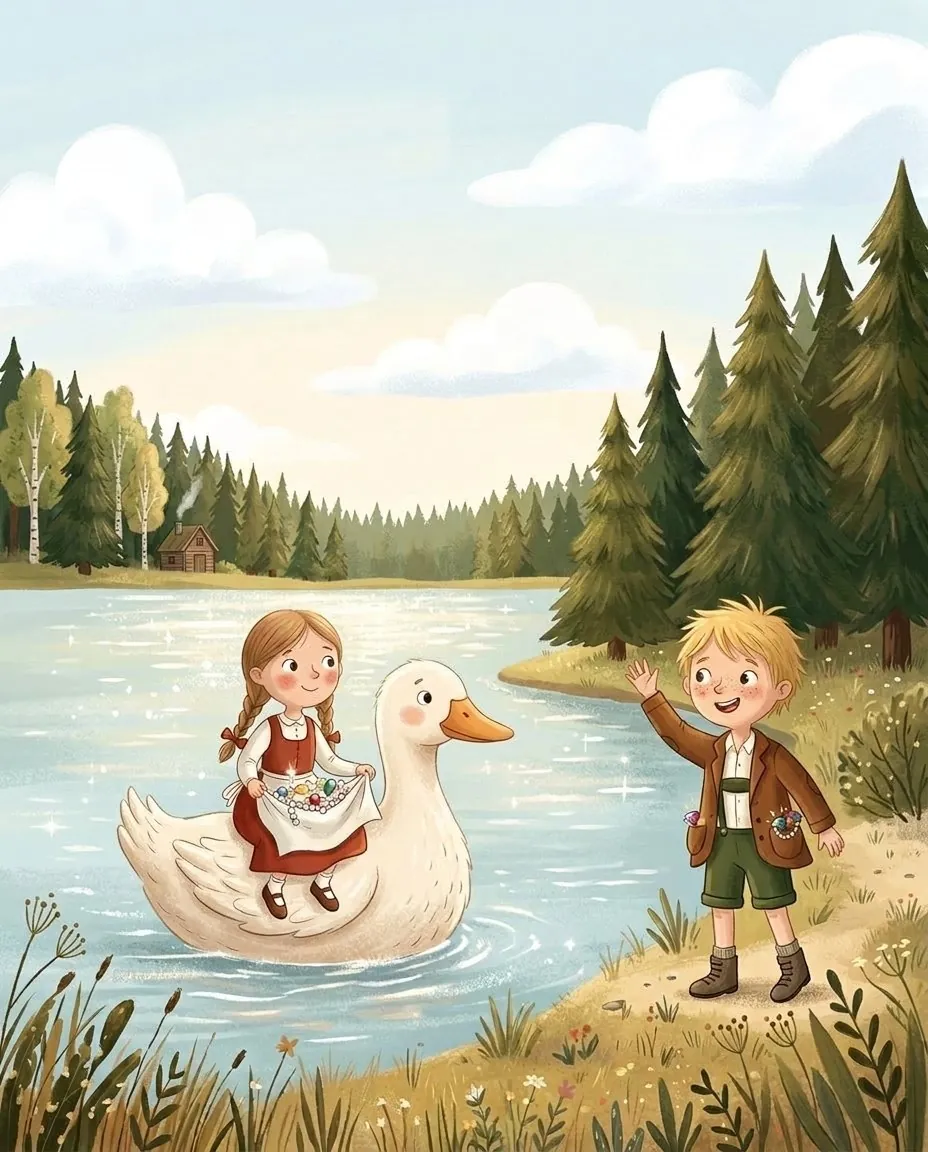 Una paperella bianca porta Gretel sulla grande distesa d'acqua, e Hänsel la saluta dalla riva