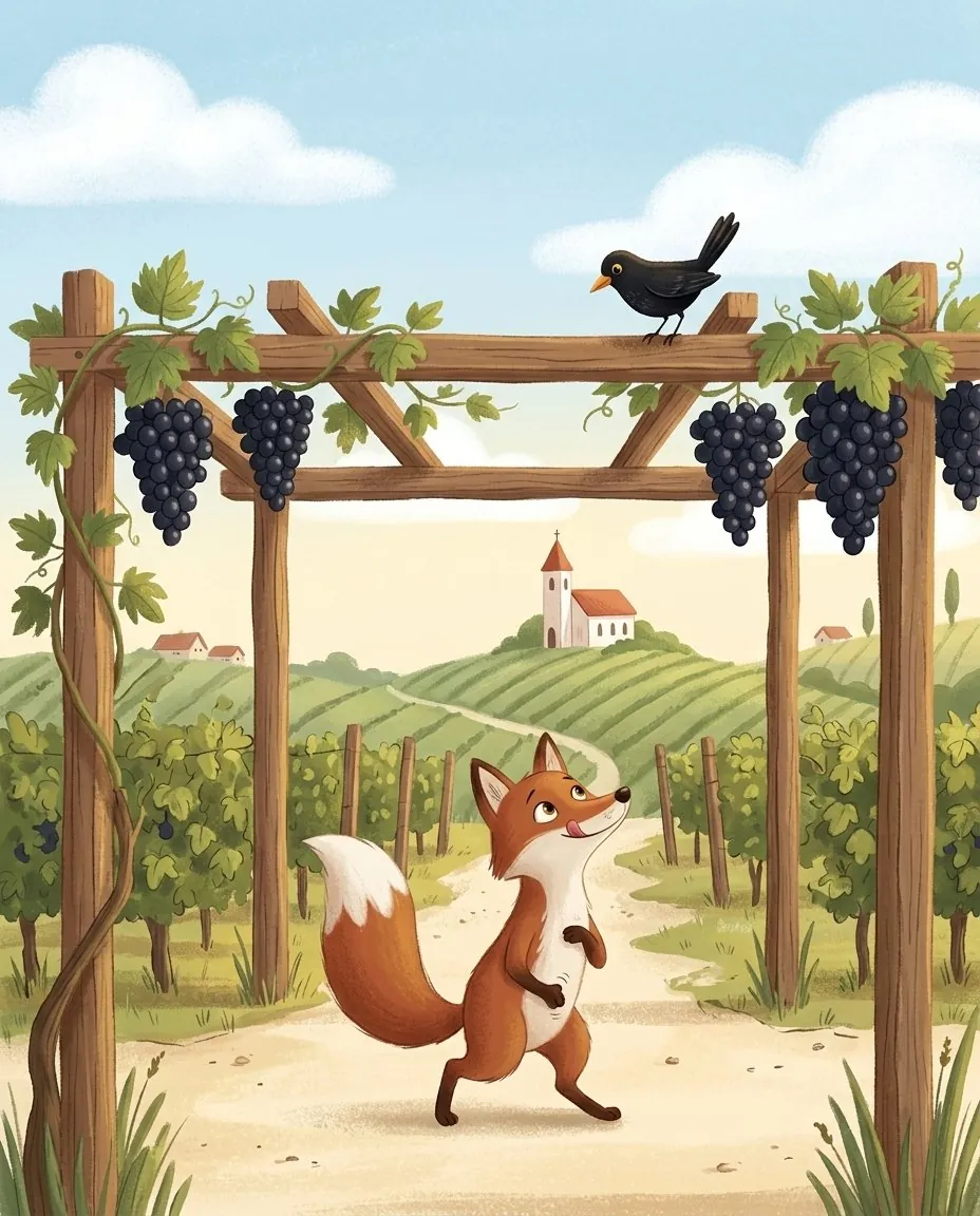 Una volpe rossa e affamata trotterella su un sentiero polveroso tra vigne piene di sole