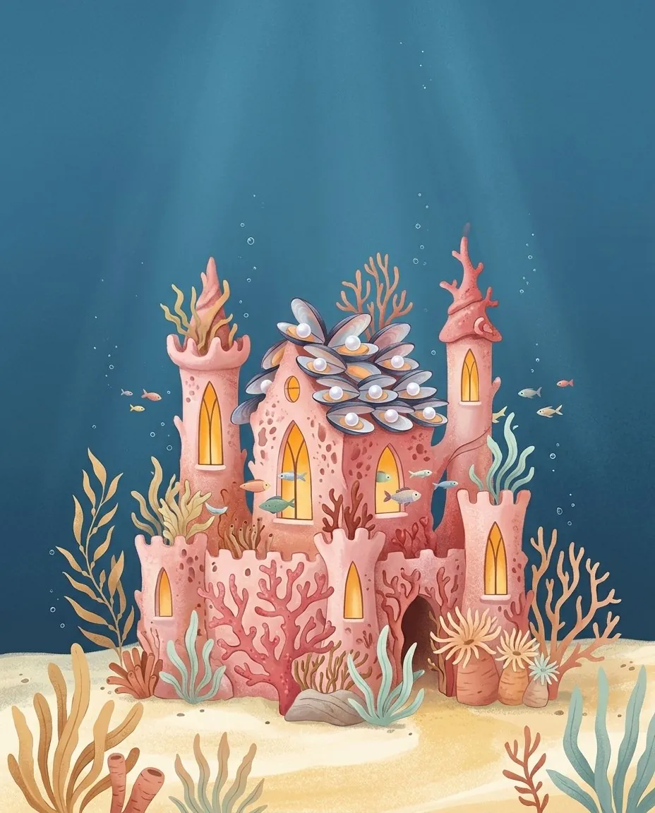 Un castello di corallo con finestre d'ambra sul fondo azzurro del mare, e intorno nuotano i pesci