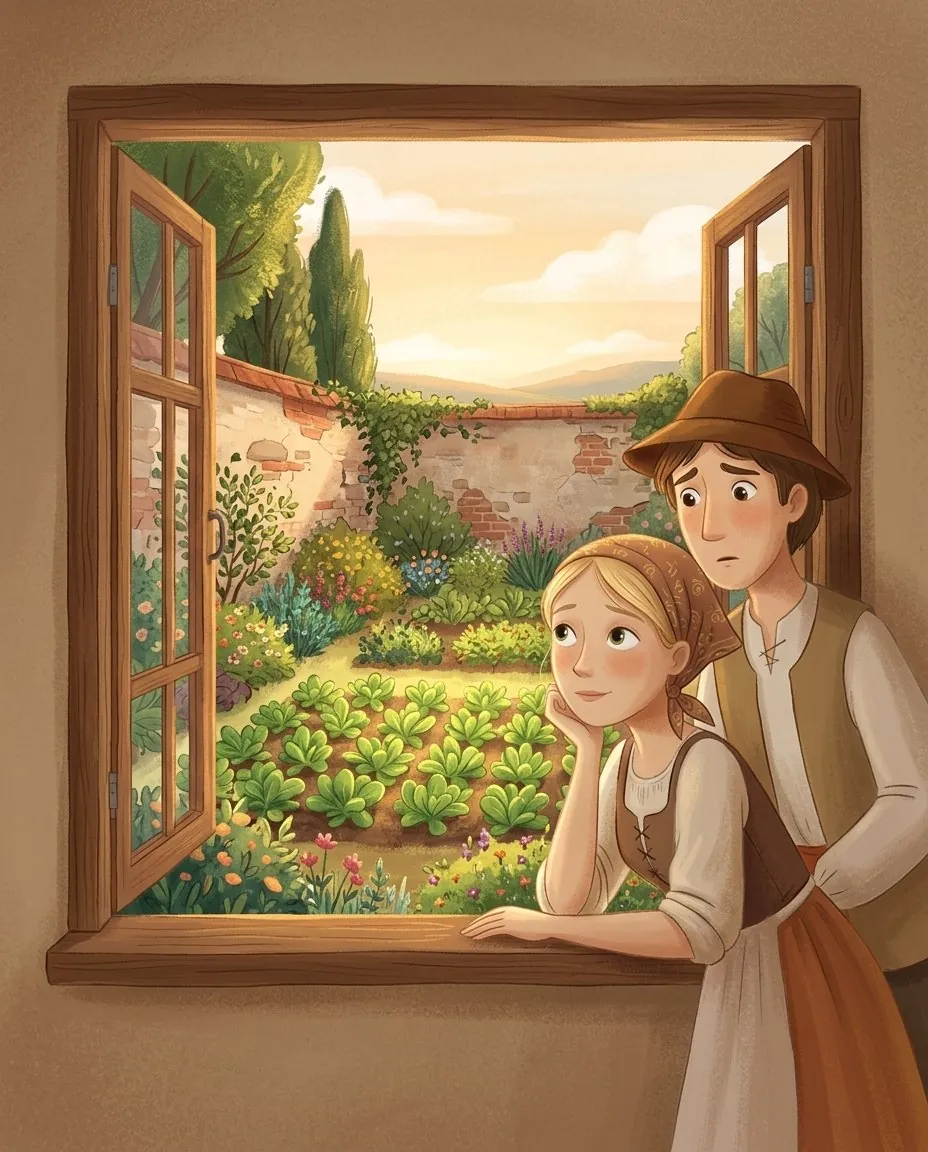 Una donna guarda da una finestrella un giardino magnifico dietro un alto muro, pieno di fiori e di raperonzoli verdissimi