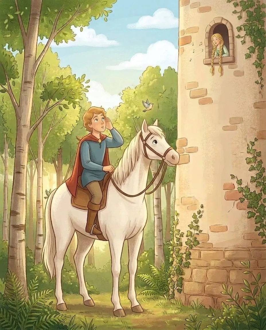 Il figlio del re si ferma a cavallo tra gli alberi e ascolta il canto che arriva dalla torre