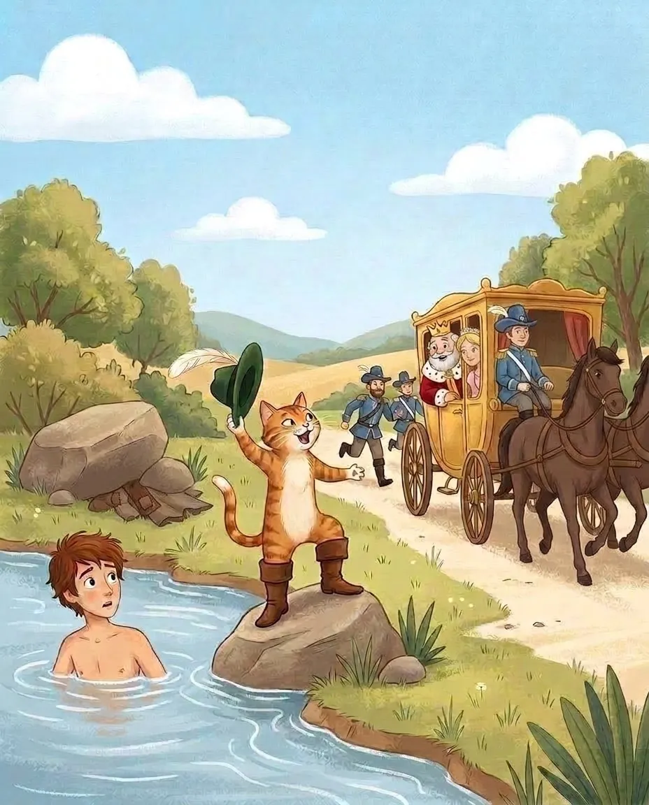 Sulla riva del fiume il gatto agita il cappello, il re e la principessa guardano dallo sportello della carrozza, e un giovane fa il bagno nell'acqua