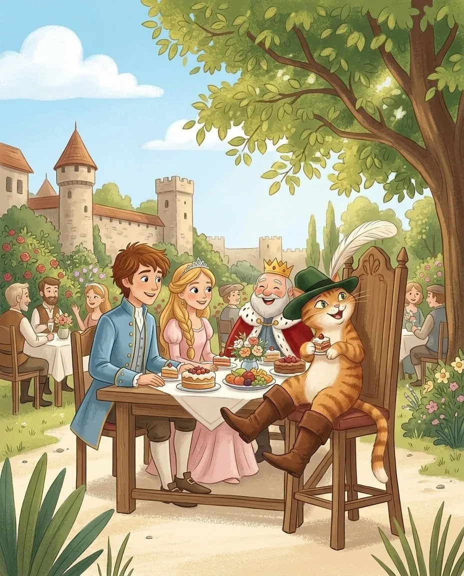 Il re, la principessa e il marchese siedono a una tavola imbandita nel giardino del castello, e il gatto con gli stivali, tutto fiero, mangia una torta su una sedia alta
