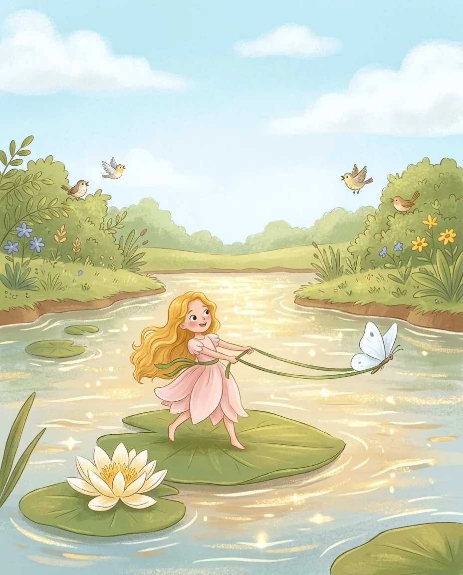 Pollicina scende lungo il fiume su una foglia di ninfea trainata da una farfalla bianca