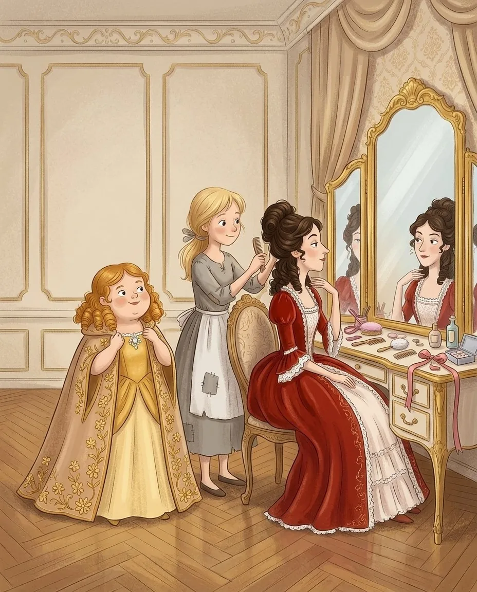Davanti a un grande specchio Cenerentola pettina la sorella maggiore vestita di velluto rosso, mentre Giavotta ammira il suo mantello a fiori d'oro