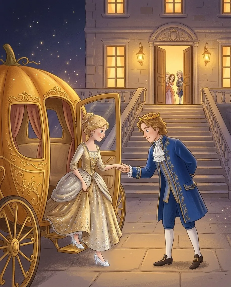 Ai piedi della scalinata del palazzo illuminato, il figlio del re dà la mano a Cenerentola, in un abito d'oro e d'argento, che scende dalla carrozza dorata