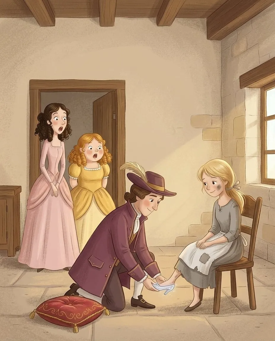 Un gentiluomo in ginocchio prova la scarpetta di cristallo al piedino di Cenerentola, seduta nel suo vestito grigio, sotto gli occhi sbalorditi delle due sorelle