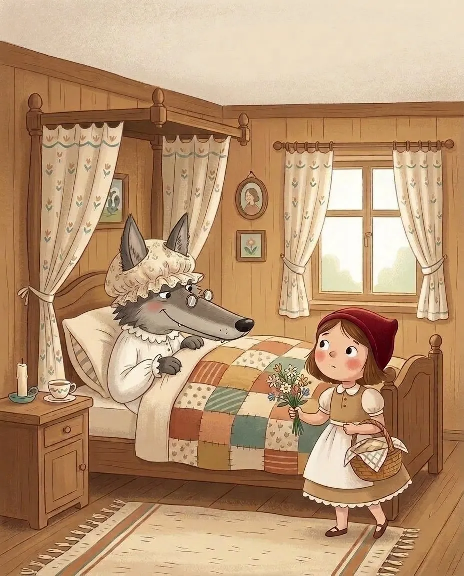 Il lupo è sdraiato nel letto con la cuffia della nonna, e la bambina lo guarda stupita