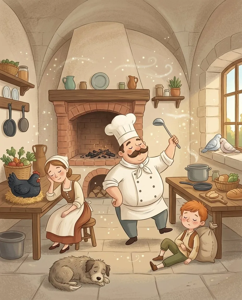 Nella cucina del castello dormono il cuoco, il garzone, un gatto e i colombi alla finestra