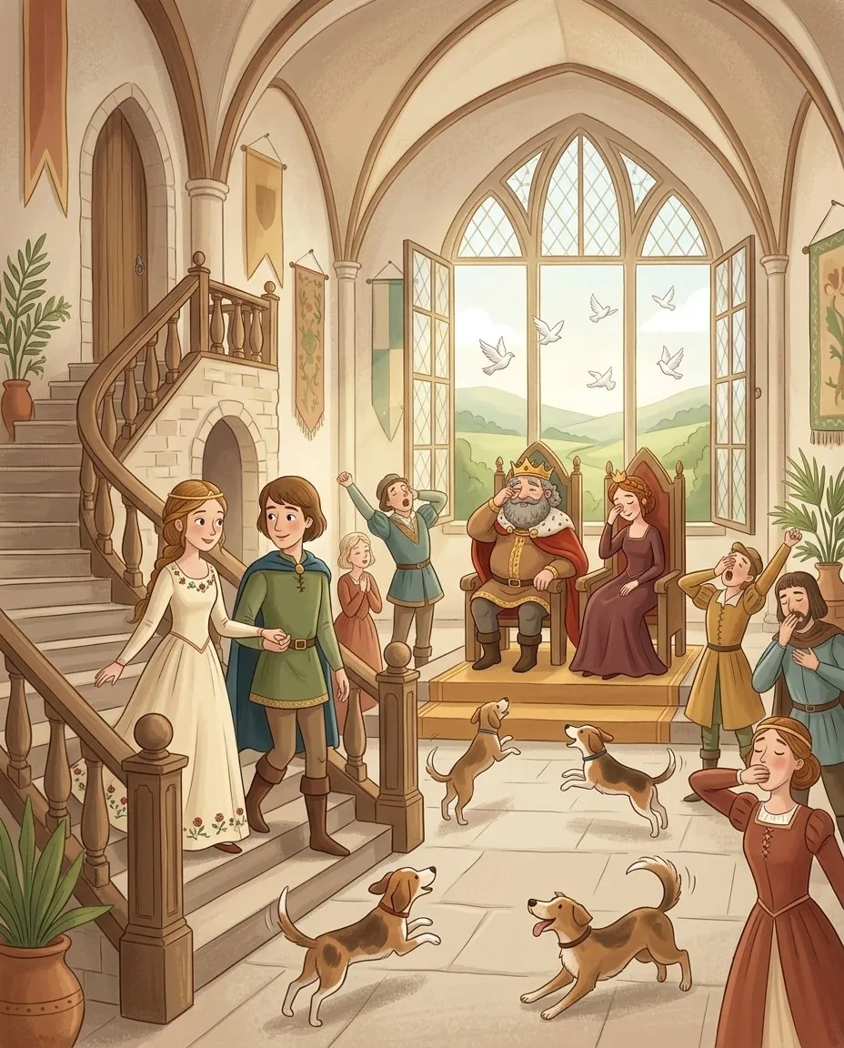 Rosaspina e il principe scendono le scale, e tutta la corte si risveglia e fa festa